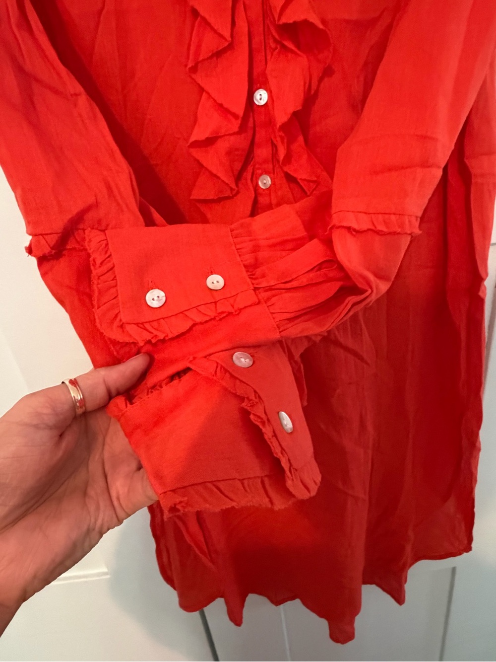 Red Ruffle Front Button-Down Tunic Dress - Picture 3 of 15